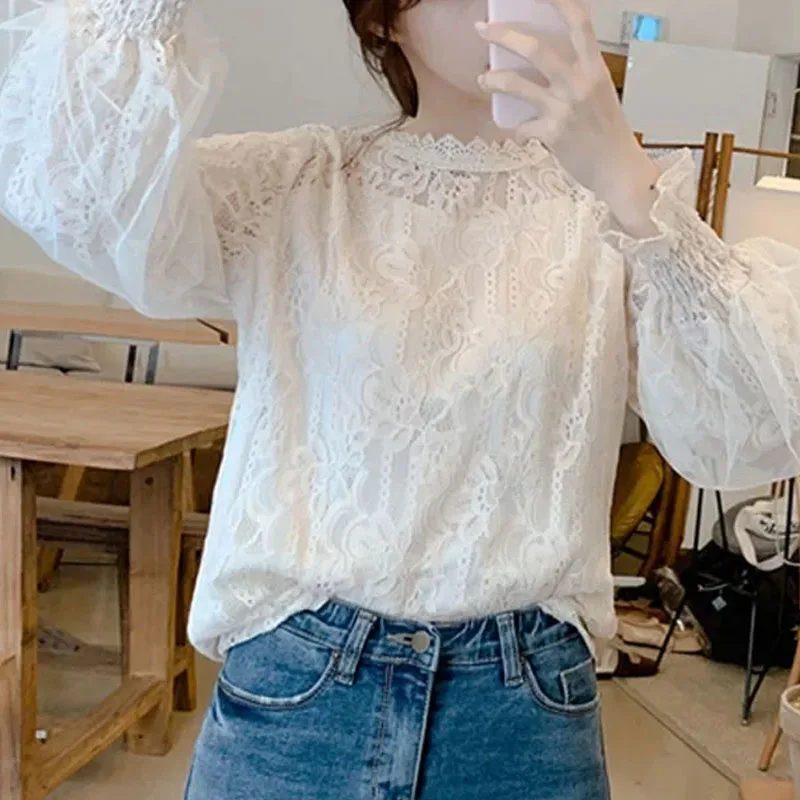 Long Sleeve New Fashion Office Lady Mesh Lace Blouse Women Elegant Women\'s Shirts Loose Bottoming Tops Woman Clothes 8325