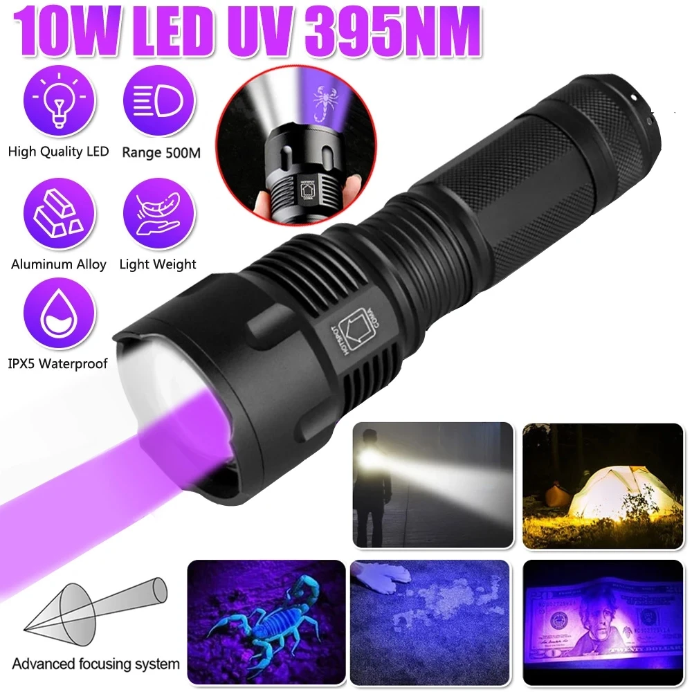 

2 in 1 Glare White+Ultraviolet 395nm UV Flashlight 10W Zoomable BlackLight Torch Pet Cat Dog Urine Stains Scorpion Detector Lamp