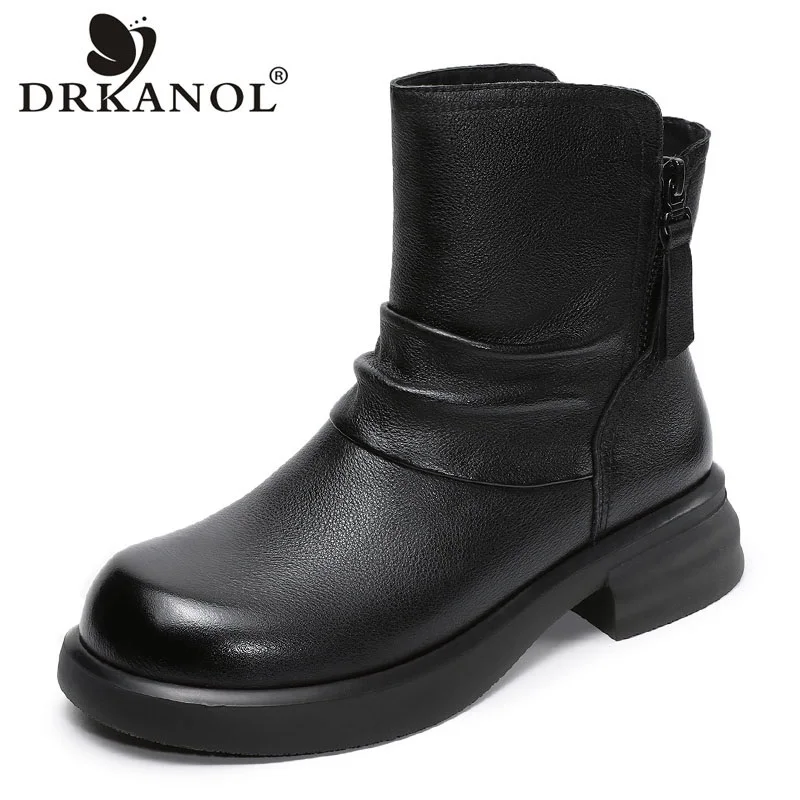 

DRKANOL 2025 Women Thick Heel Boots Autumn Winter Luxury Design Pleated Genuine Cow Leather Double Zipper Casual Ankle Boots