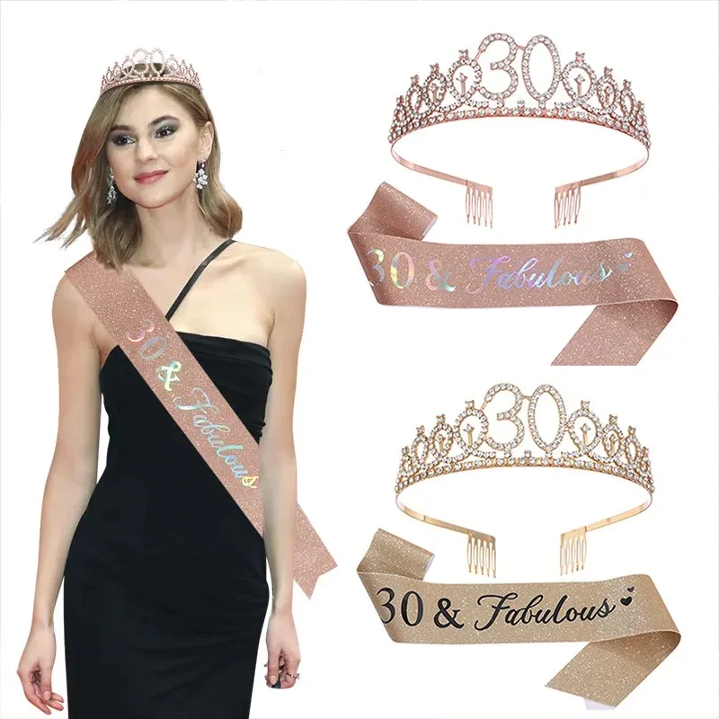 Birthday Crown Shoulder Strap Set Symphony Pink Belt Numbers 21 30 40 50 60 70 Ceremony Belt Party Headband Hair Woman Headbands