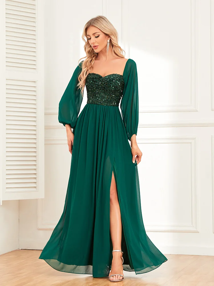 Sexy Vintage Maxi Sequin Summer Dress Women Chiffon One Shoulder Patchwork Sequin High Slit Sexy Green Lace Dress Luxury