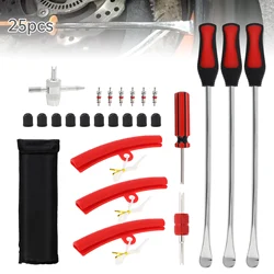 25pcs Red Car Tire Repair Replacement Kit Heavy Duty Pry Bar Tyre Spoon Valve Core Cap Wrench Tool for Car Motorcycle Bicycle