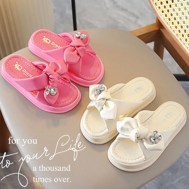 Girls Korean Style Trendy Slippers 2024 Summer New Fashion Soft Soled Anti-slip Slippers Cute Bow Princess Sandals Girl\'s Shoes