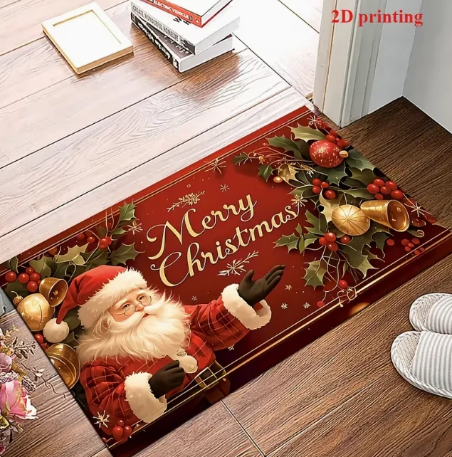 Santa Claus and Christmas Tree Pattern Welcome Mat - Merry Christmas Text Festive Holly Berry and Golden Accents, Christmas Mat