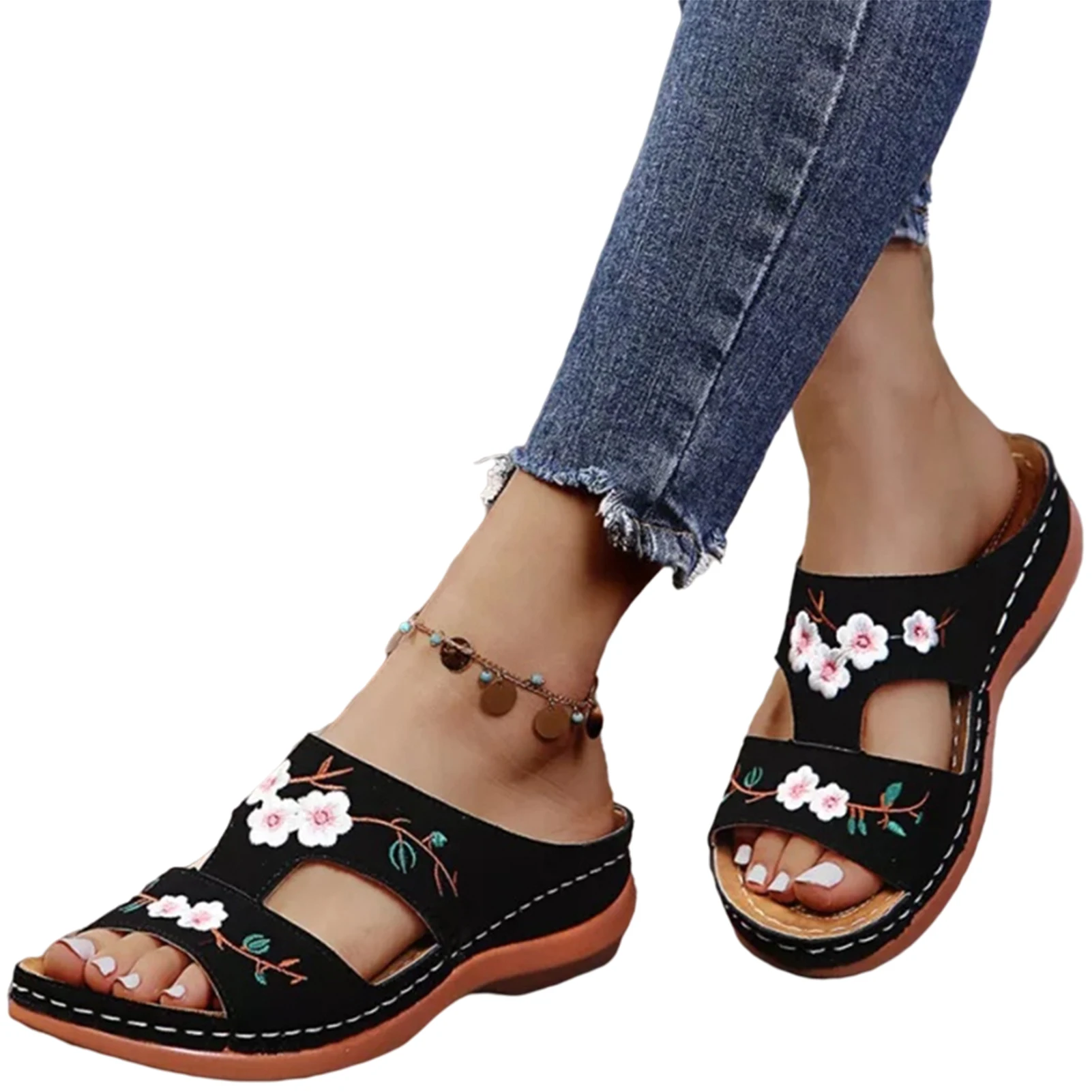 Leather Flower Embroidered Vintage Casual Soft Footbed Orthopedic Arch-Support Sandals