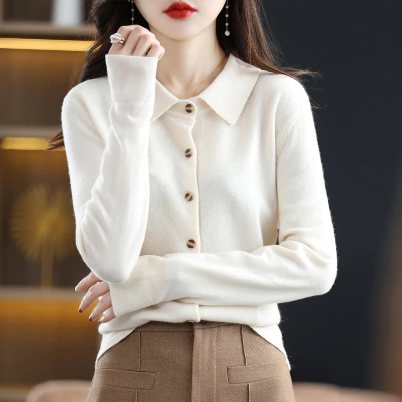 Women\'s Wool Knit Cardigan Loose Delicate PoLo Neck Sweater Jacket Solid Color Button Shirt Fashion Casual French Chic Design