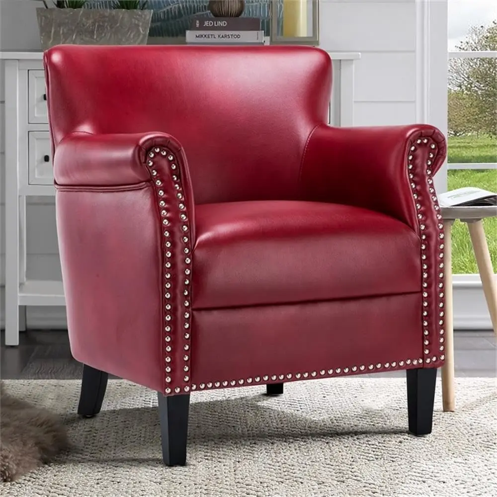 Red Faux Leather Club Chair, Nailhead Trim, Wood Legs, No Sag Springs, High Density Foam, Living Room Accent Seating, Customized