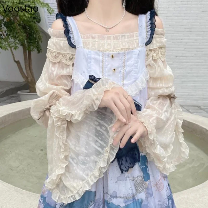 Vintage Victorian Kawaii Lolita Blouses Women Elegant Sweet Lace Ruffles Flare Sleeve Princess Shirts Female Gothic Blouse Tops