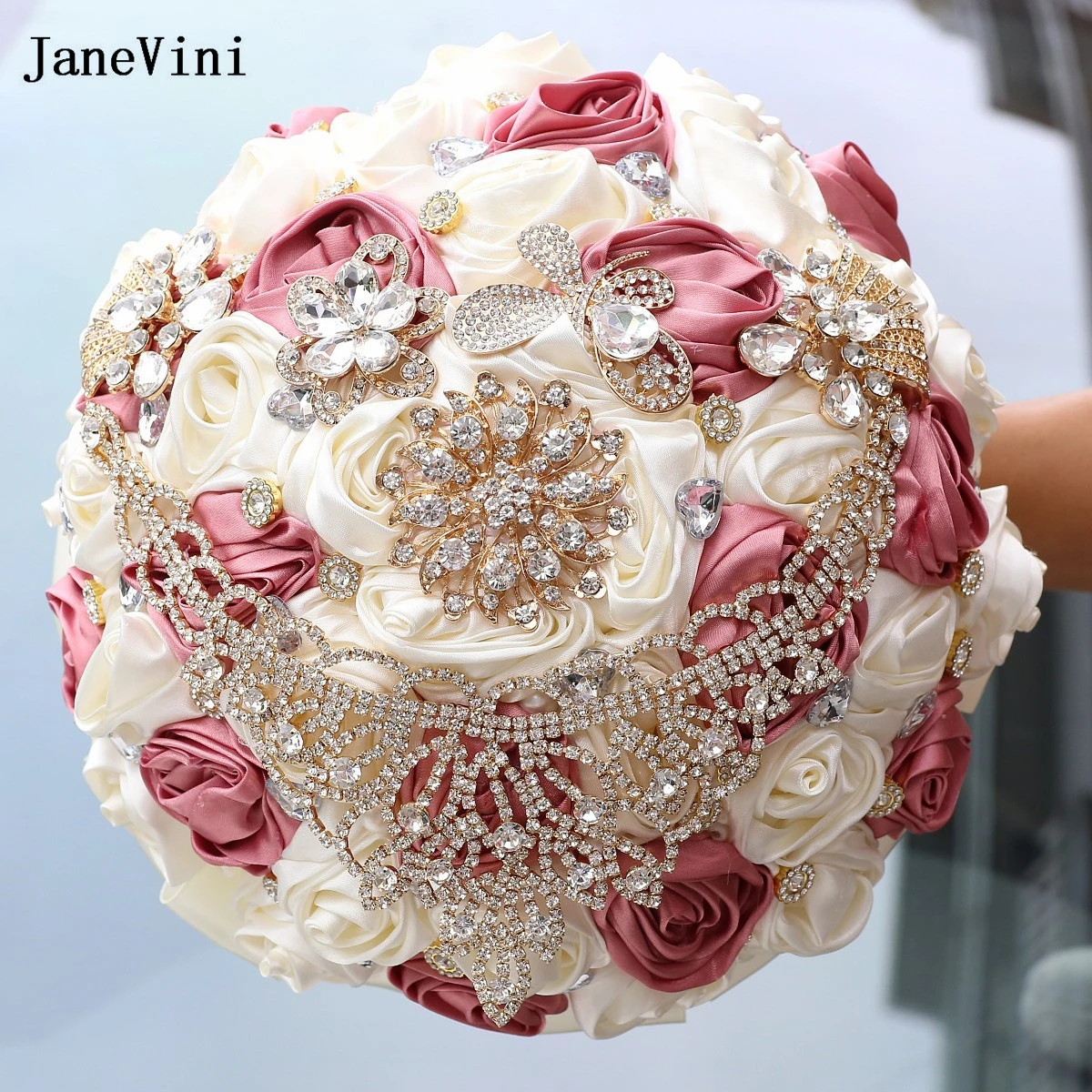 

JaneVini 2024 Elegant Nude Pink Ribbon Flowers Luxury Rhinestones Bridal Brooch Bouquets Artificial Satin Roses Wedding Bouquet