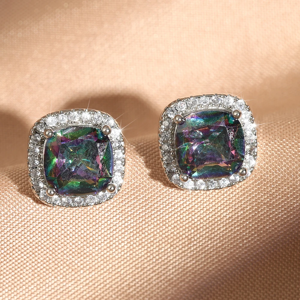ZAKOL Luxury Female Crystal Zircon Stud Earrings Silver Color Transparent colorful CZ Stones Square Shaped Ear Accessories