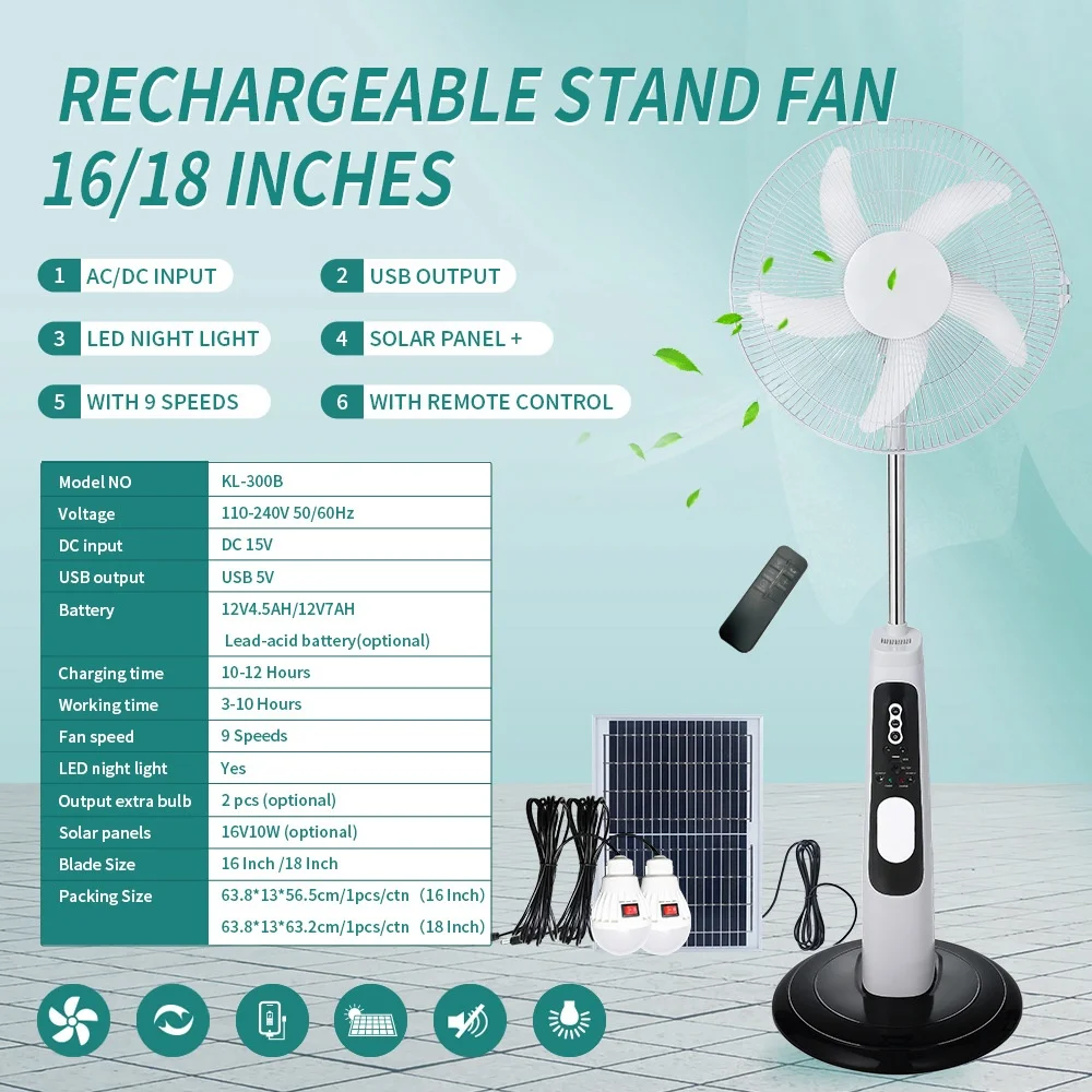 

Multifunctional 16 Solar Rechargeable Floor Fan Digital Control Cooling Function Pedestal Design Electric Battery US