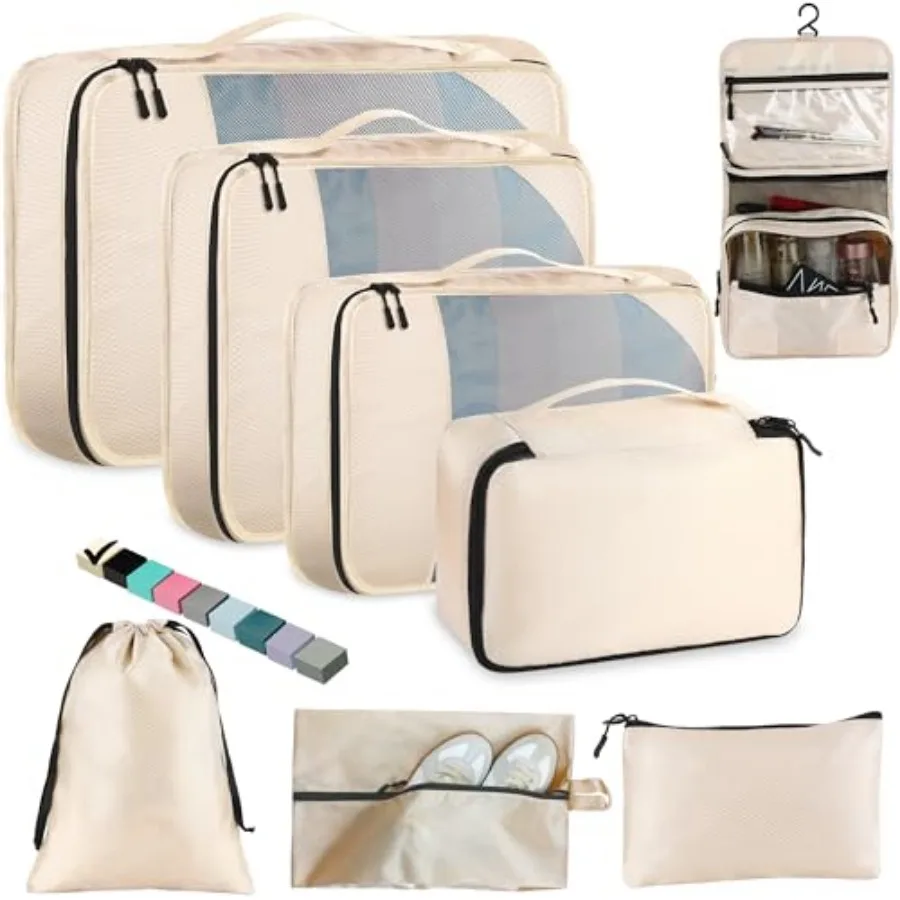 8-Piece Packing Cubes for Travel, 2026 Upgraded Durable Zippers and Reinforced Mesh, Complete Luggage Organizer Set with Shoe/T