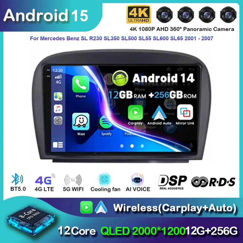 Android 15 Car Radio For Mercedes SL R230 SL350 SL500 SL55 SL600 SL65 2001 -2007 Navigation GPS Multimedia Player Stereo wifi+4G