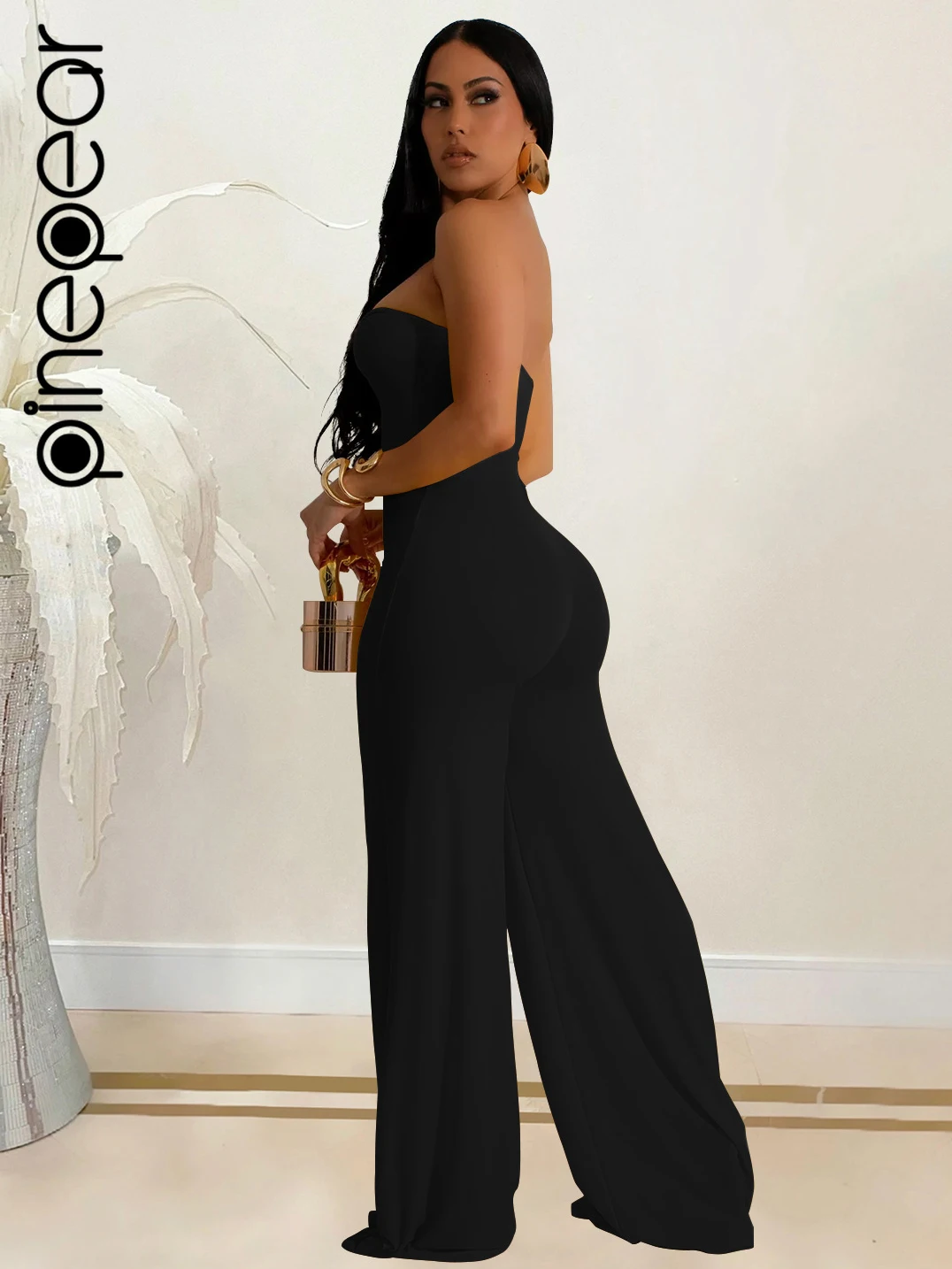 PinePear Solid Hollow Out Strapless Backless Wide Leg Pants Jumpsuits Snake Metal One Piece Outfits Rompers Night Club Overalls