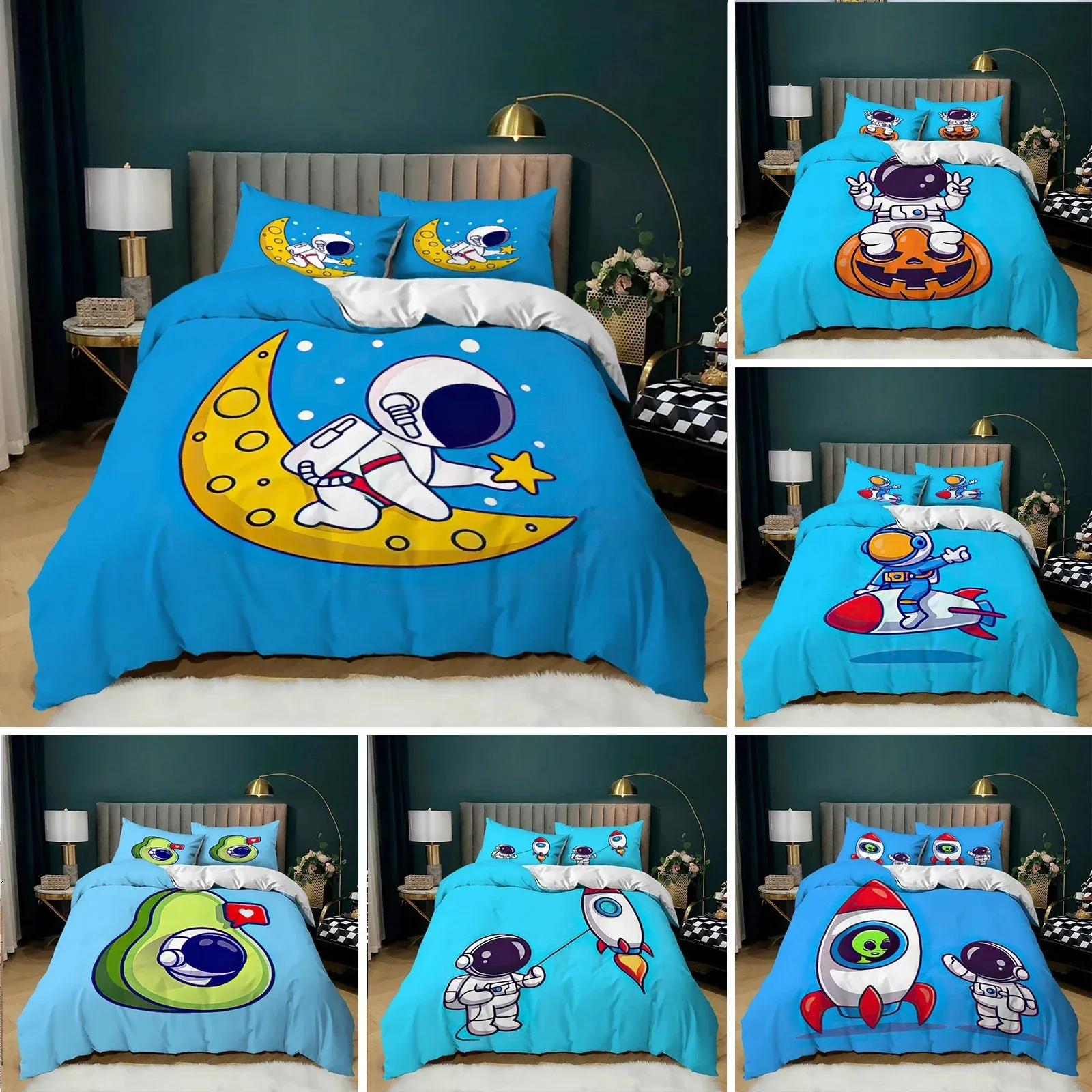 Astronaut Duvet Cover Set King Size Cartoon Astronaut Star Moon Pattern Bedding Set Microfiber Space Theme Full Twin Quilt Cover