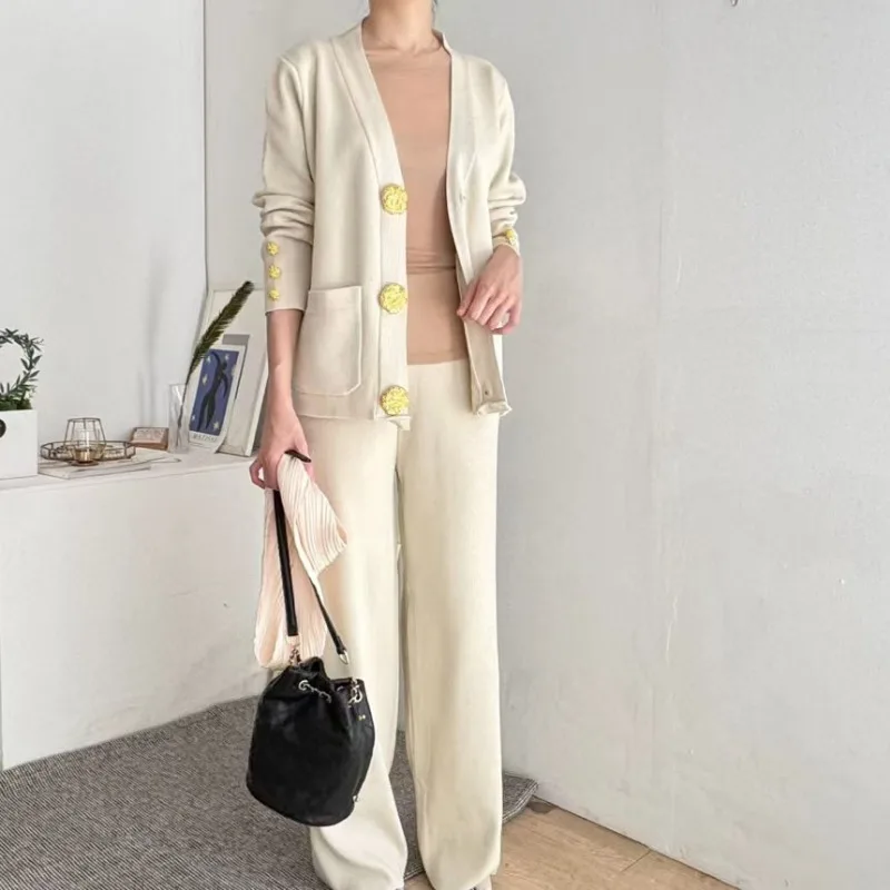 2024 Korean Version Fashionable Retro Simple, Versatile Metal Button Knitted Cardigan Jacket + Sweater Casual Trousers