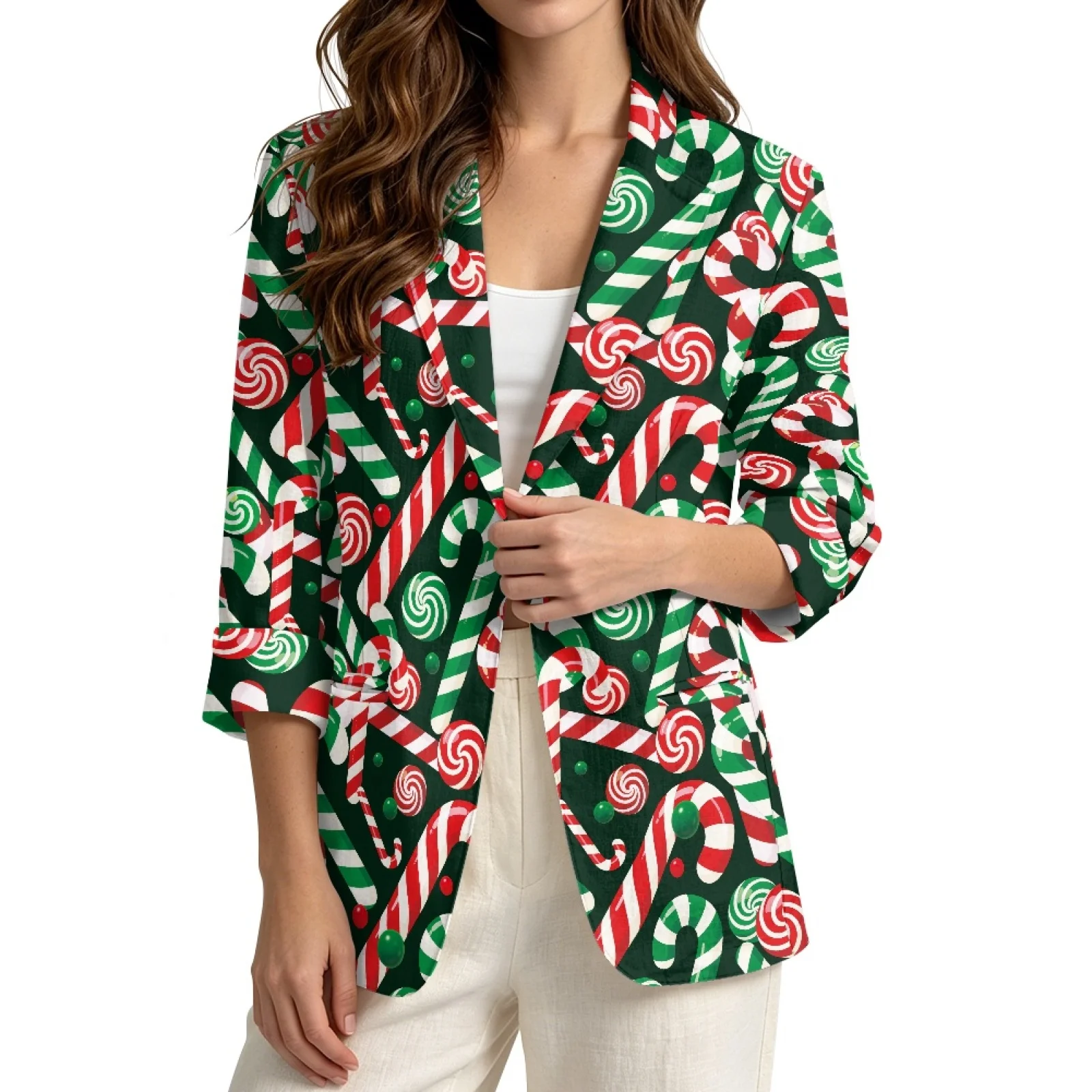 PENSTROLL Candy Cane Green Linen Style Open Front Cardigans for Vacation with Pockets Beach Cover Ups Cardigan Cover Up Jacket