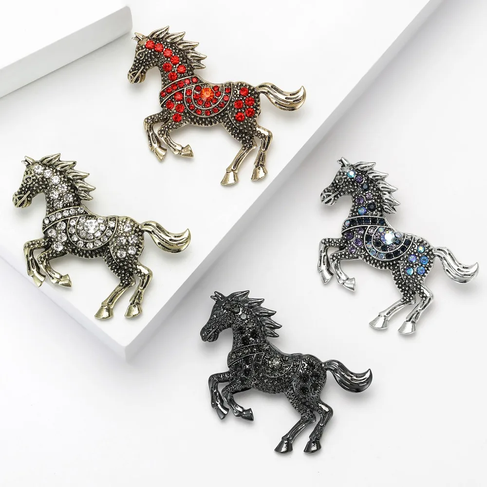 Vintage Enamel Horse Brooch Pins Rhinestones Fashion Jewelry Accessory Animal Design Clothing Decorative Badge for Women