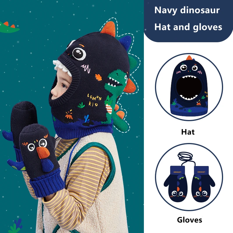 Kids Hat Scarf Gloves Set 3D Dinosaur Unicorn Modeling Baby Girl Boy Winter Windproof Hat For Kids Warm Knitted Beanie Cap