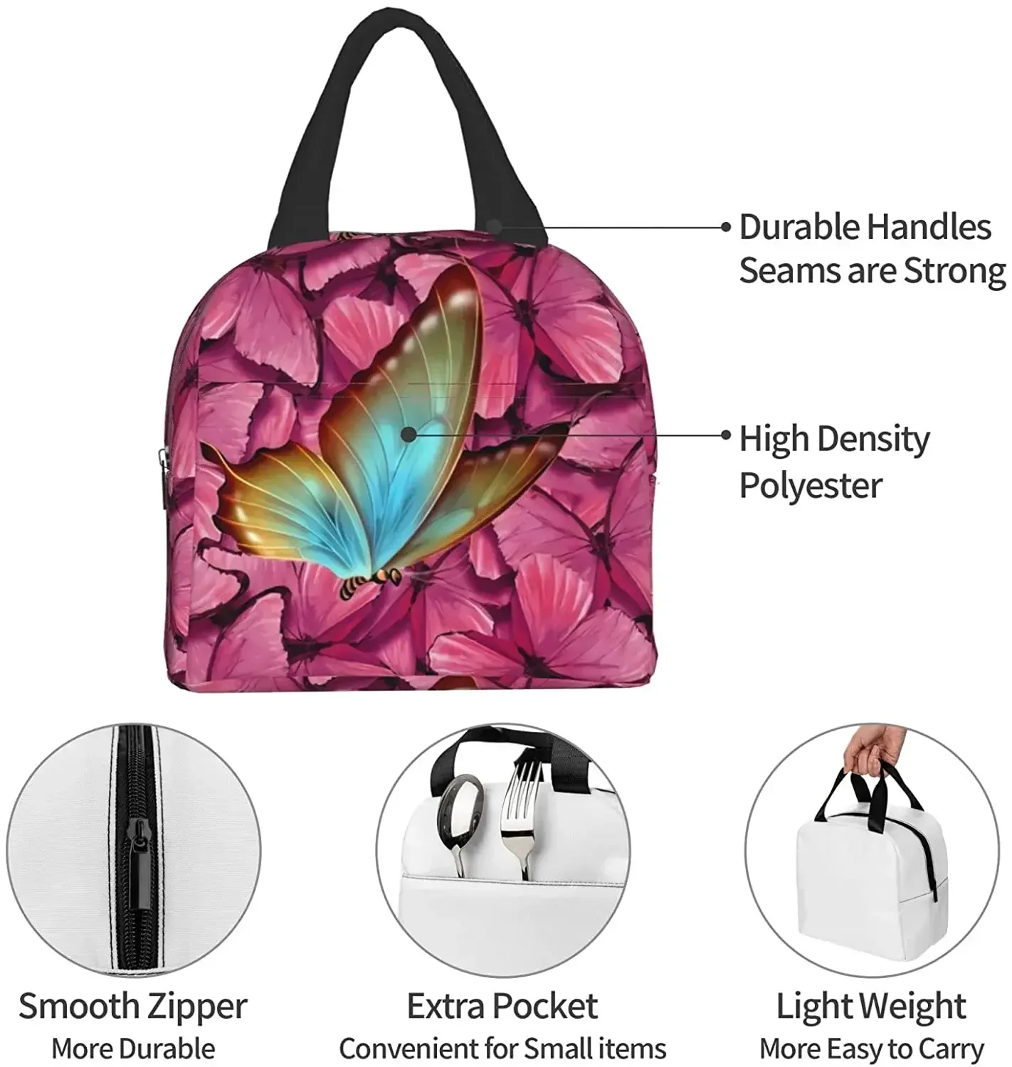 Bolsa de almuerzo con aislamiento de mariposa de colores rosas, bolsas de almuerzo portátiles para niñas y mujeres, fiambrera reutilizable a prueba de fugas, Picnic, viaje, trabajo