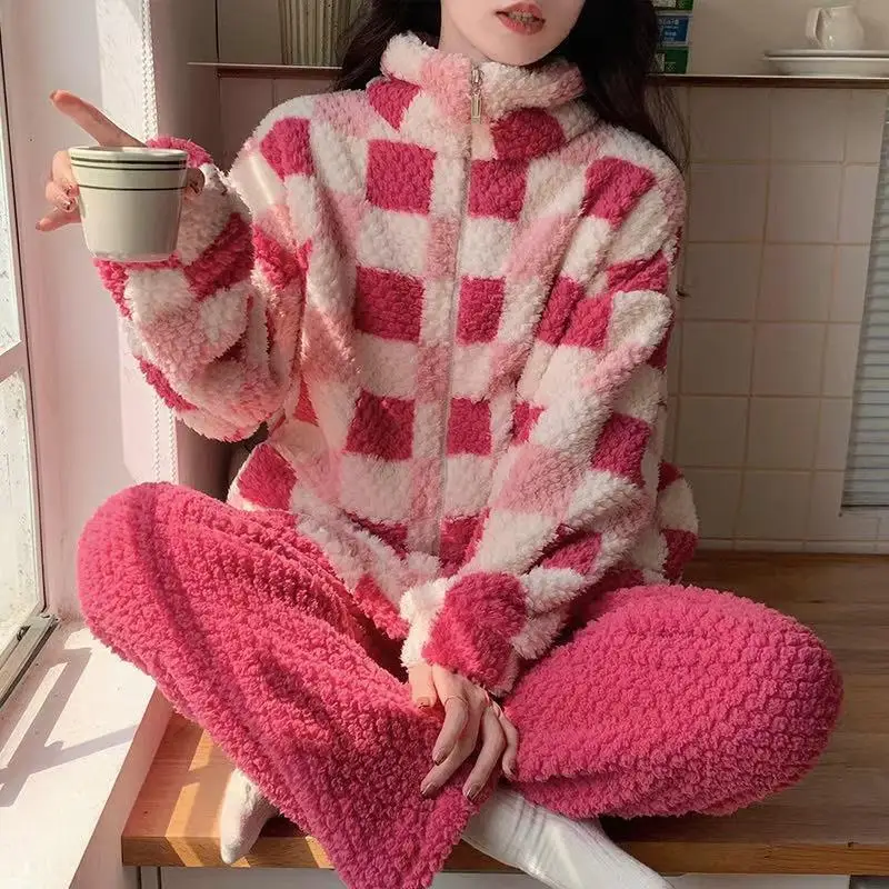 Pigiama a griglia da donna Set di abbigliamento per la casa Pigiama Autunno Inverno Ragazza Studente Nuova cerniera Foderato in pile Addensato Indossabile come capispalla