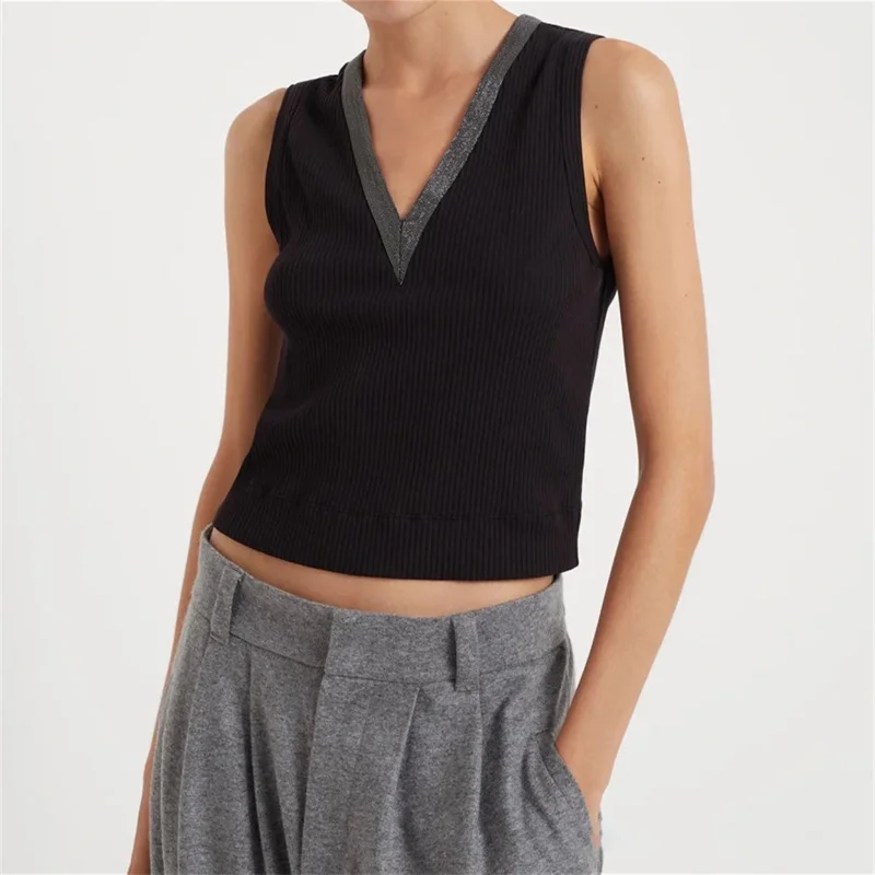 Tank top 2024 Summer New in Korean Fashion V-neck Sleeveless Top Elastic knitted women's vest Crop top woman y2k Women's cropped