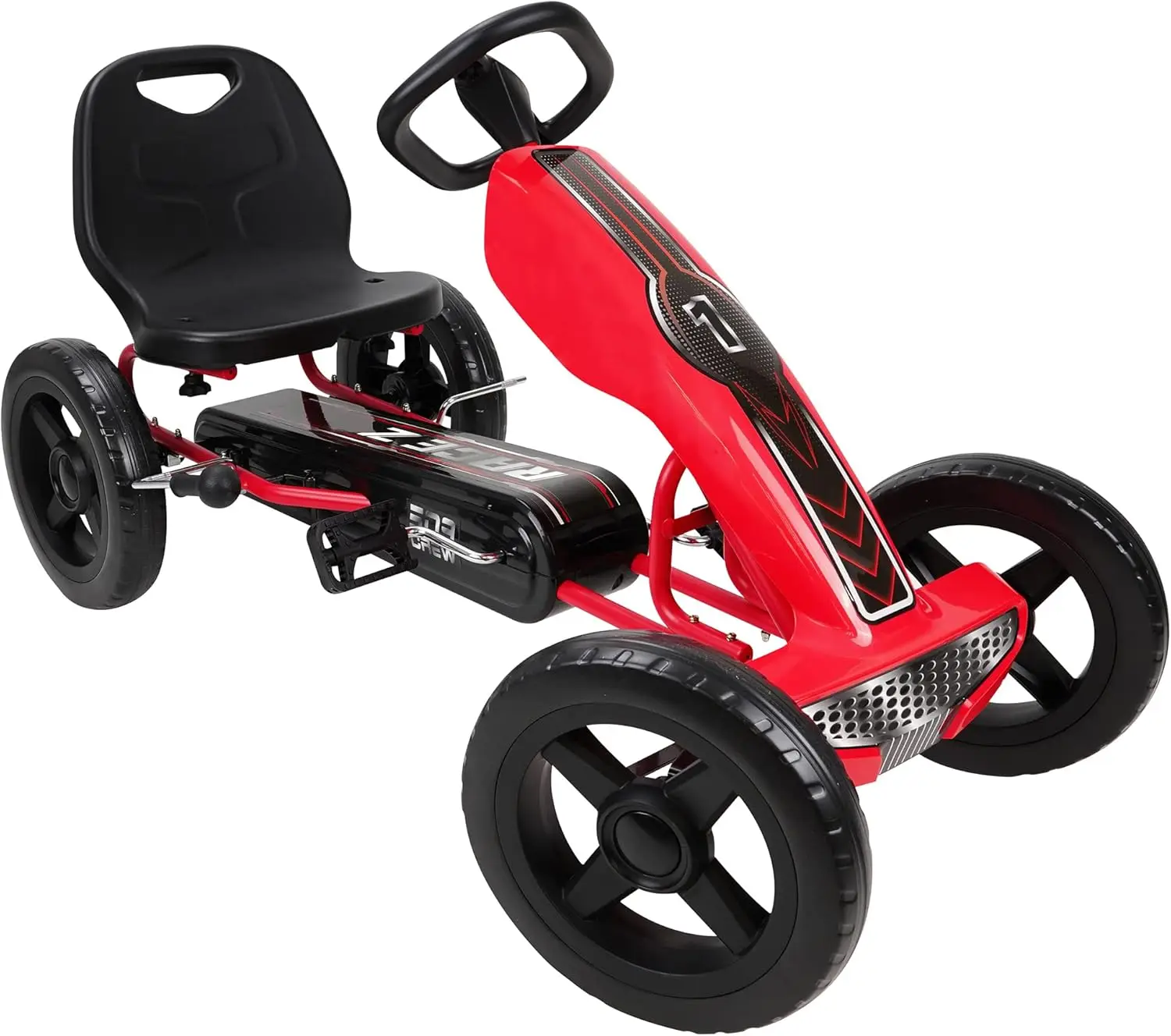 Race Z Pedal Go Kart - Red - Kids, Sporty Graphics on The Front Fairing, Adjustable Bucket Seat, 4 Spoke Rims w/ 12' EVA Wheels,