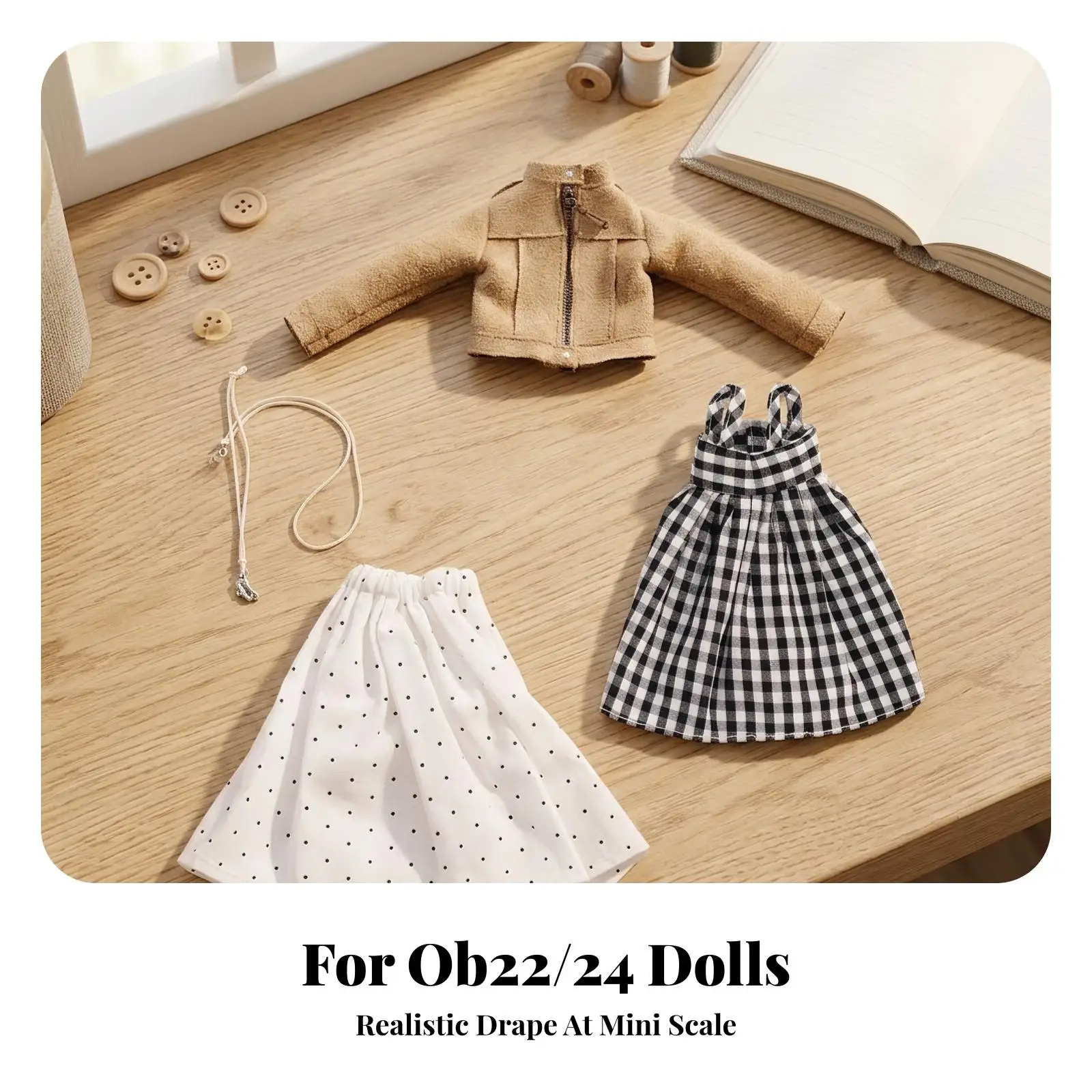 Detailed Doll Fashion Set Brown Faux Suede Jacket Long Sleeve Front Zipper Checkered Skirt Polka Dot Skirt for 1 6 Scale Dolls
