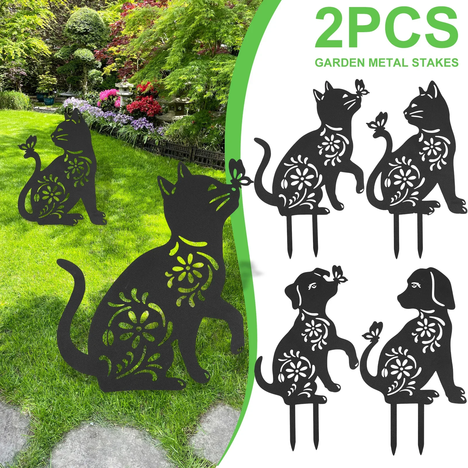 

2Pcs Metal Garden Animal Statues Decorative Simulation Cat Dog Lawn Stakes Creative Yard Art Deco for Home Outdoor Garden Yard