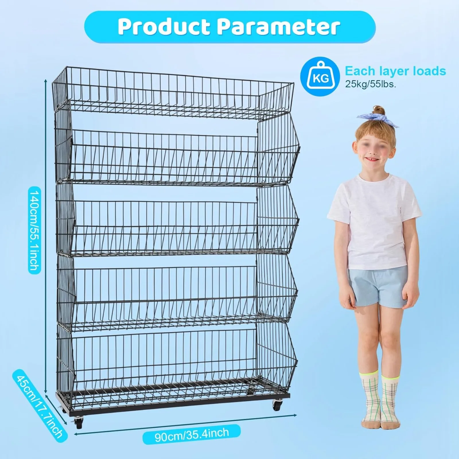 5-Tier Rolling Retail Display Shelf, Multi-purpose Storage Rack with Baskets for Fruit, Vegetables & Snacks, 18