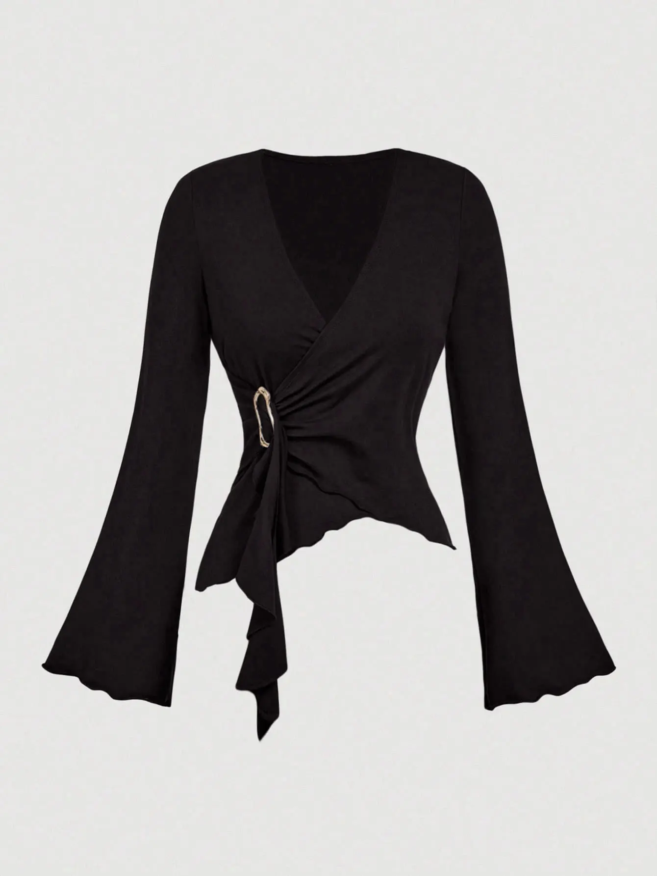 Women's Solid Color Cross Wrap Flare Sleeve Cinched Waist Asymmetrical Hem Ruffle T-Shirta