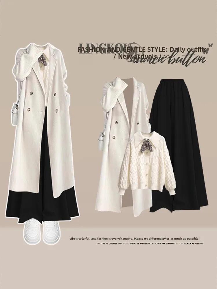 

Большой размер, осенне-зимний вязаный свитер для колледжа и утягивающая юбка, комплект из футболки для женщин, верхняя одежда средней длины