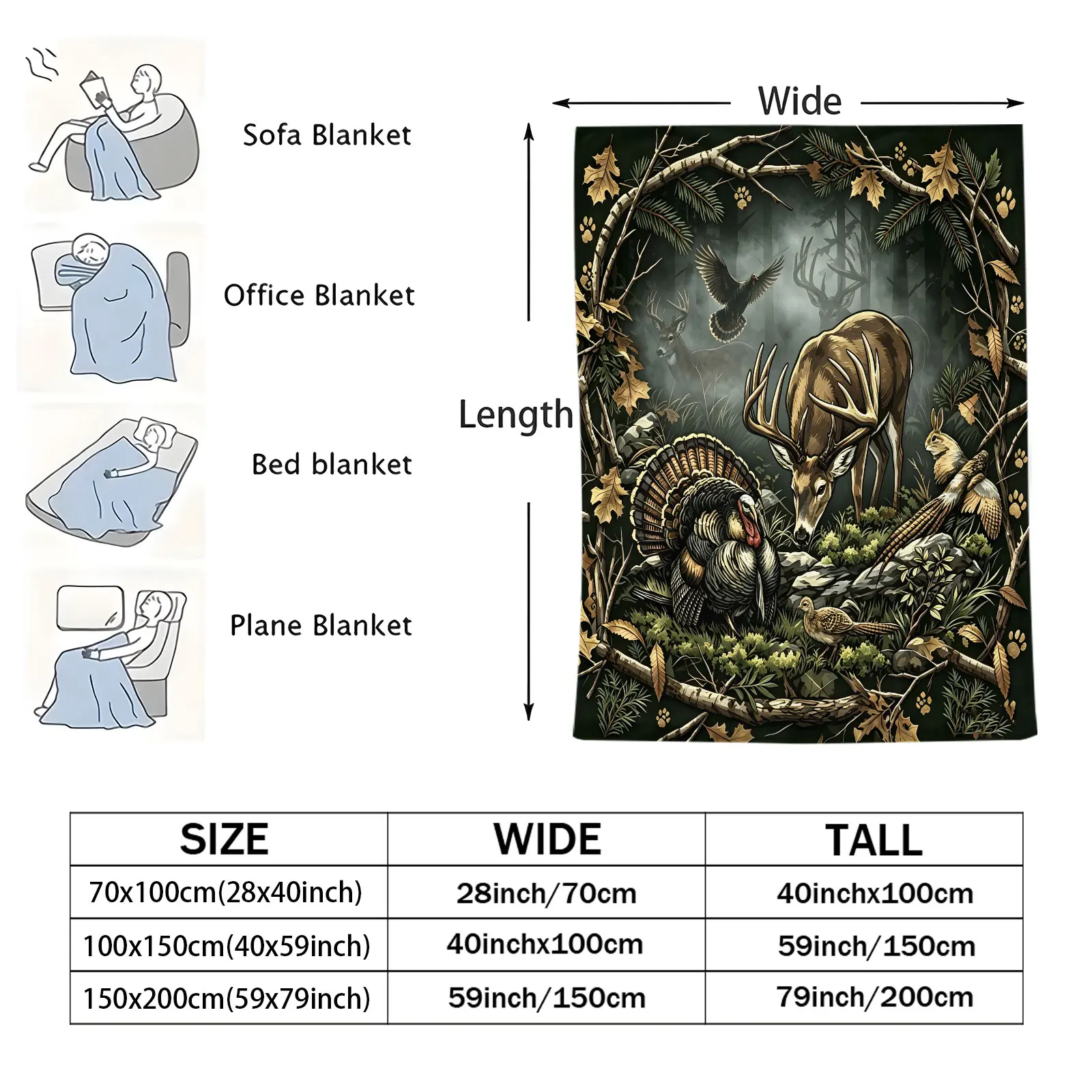 Vintage Woodland Animal Throw Blanket Deer Wild Turkey Pheasant Forest Hunting Print Soft Flannel Blanket Lodge Home Decor Men