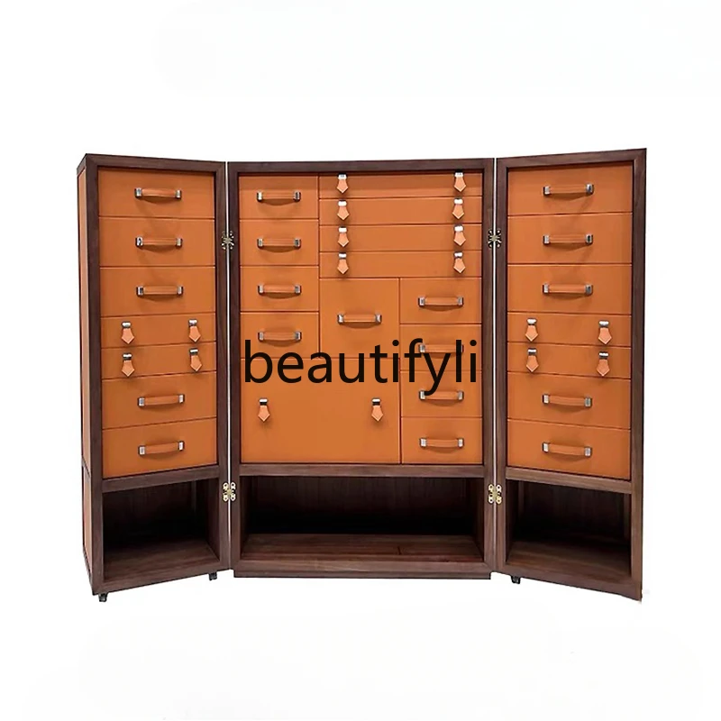 Light luxury saddle leather floor-to-ceiling jewelry storage cabinet Orange high-end villa home jewelry cabinet