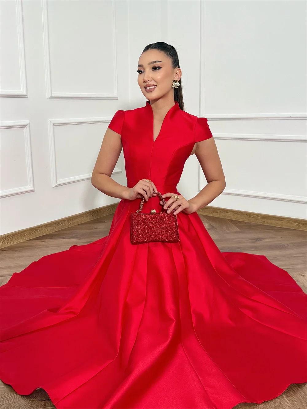 Abito da sera classico semplice a linea A, manica corta, palla lunga, abito da ballo personalizzato, lunghezza tè, elegante abito da festa da donna Nuovo