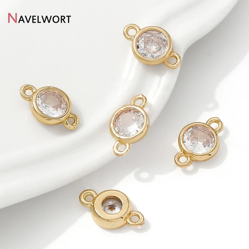 14K Gold Plated Brass With Zircon Round Connector Charms, For Bracelet Necklace Making Accessories, Jewelry Crafting Materials