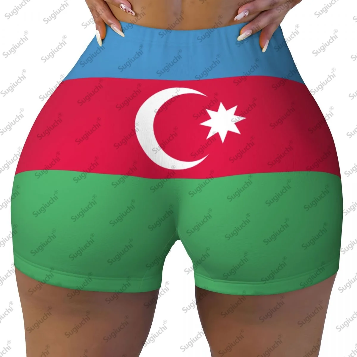 2026年アゼルバイジャン国旗柄ヨガショーツ レディース ワークアウト スクランチバットリフティング ハイウエスト ジム ランニング ショートパンツ