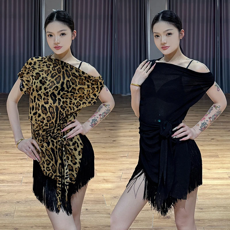 Loose Latin Dance Practice Clothes Women Slant Shoulder Irregular Tops Full Fringes Skirt Rumba Chacha Dance Clothing DNV27430