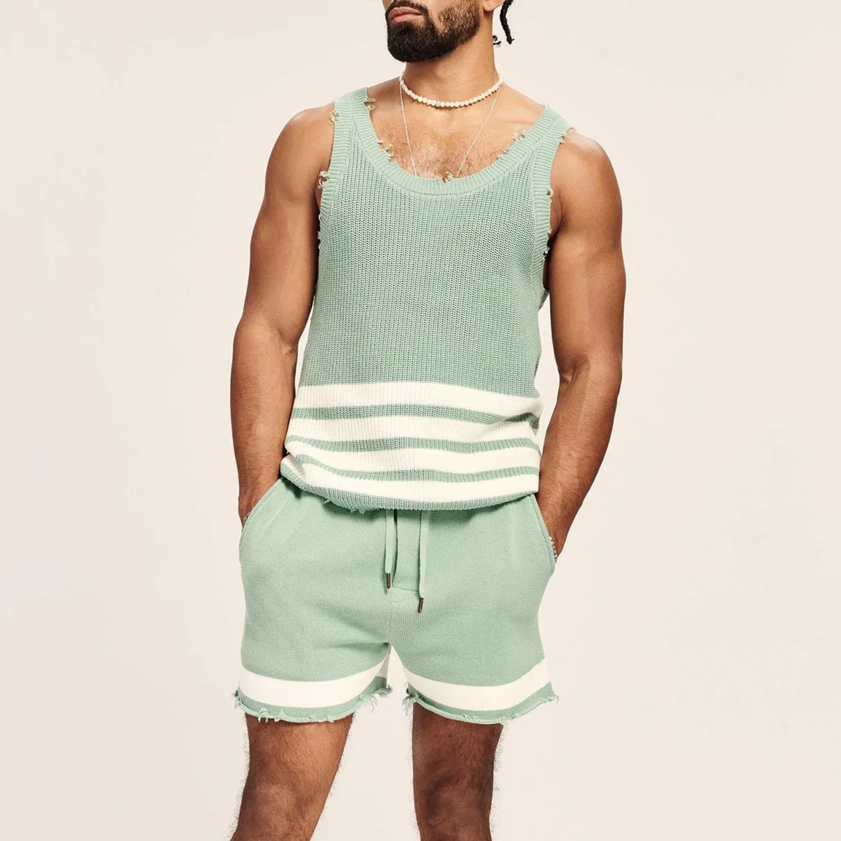 Tops de regata e shorts masculinos de malha 2 peças, streetwear casual, roupas da moda, verão, novo, 2023