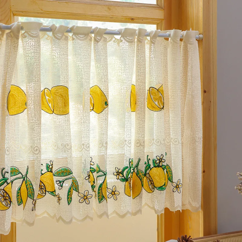 Curtain with Embroidery, American Style, No-Drill Short Window Curtain, Simple Design, Light-Transmitting Dustproof Window Cover