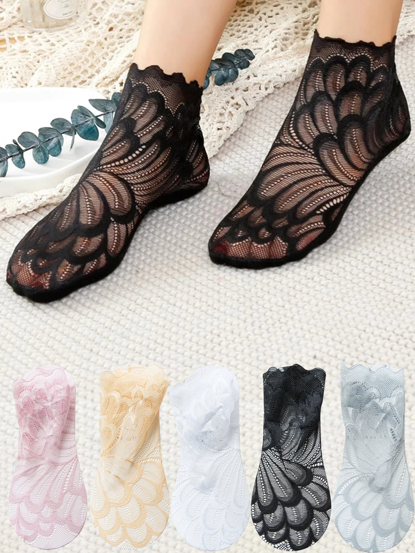

5 Pairs Women Lace Flower Mesh Socks Non-slip Invisible Liner Sock Female Elastic Comfy Thin Transparent Breathable Ankle Socks
