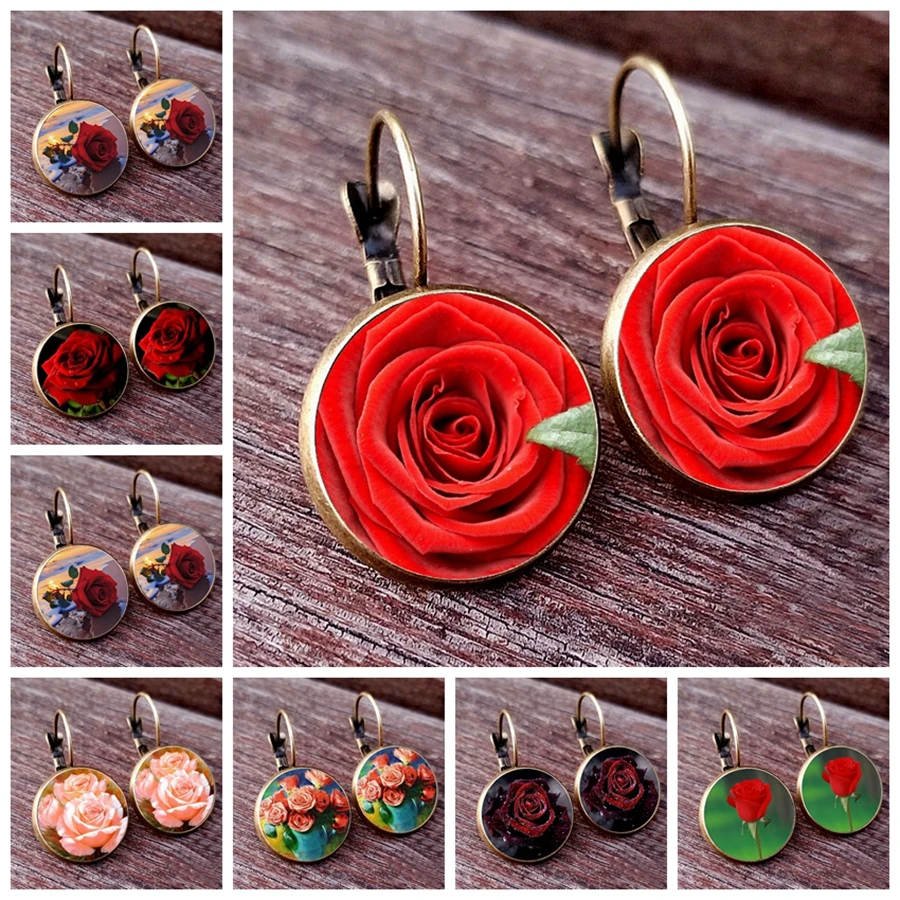 New Red Rose Earrings Rose Photo Glass Women\'s Earrings Valentine\'s Day Gift Birthday Gift Design Sense Party Jewelry