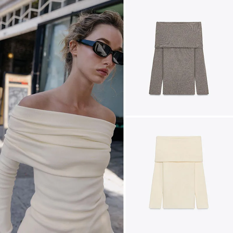 2025年秋の新作、若い女性向けのニットチューブトップ、折りたたみ式スリムフィットロングスリーブファッション