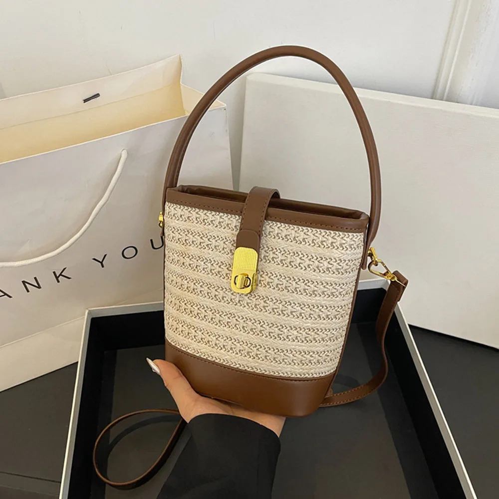 Weave Straw Bag Bucket Bag for Women\'s Travel Summer Vacation Beach Shoulder Bag Small Crossbody Bag Vintage Tote Bag Handbags