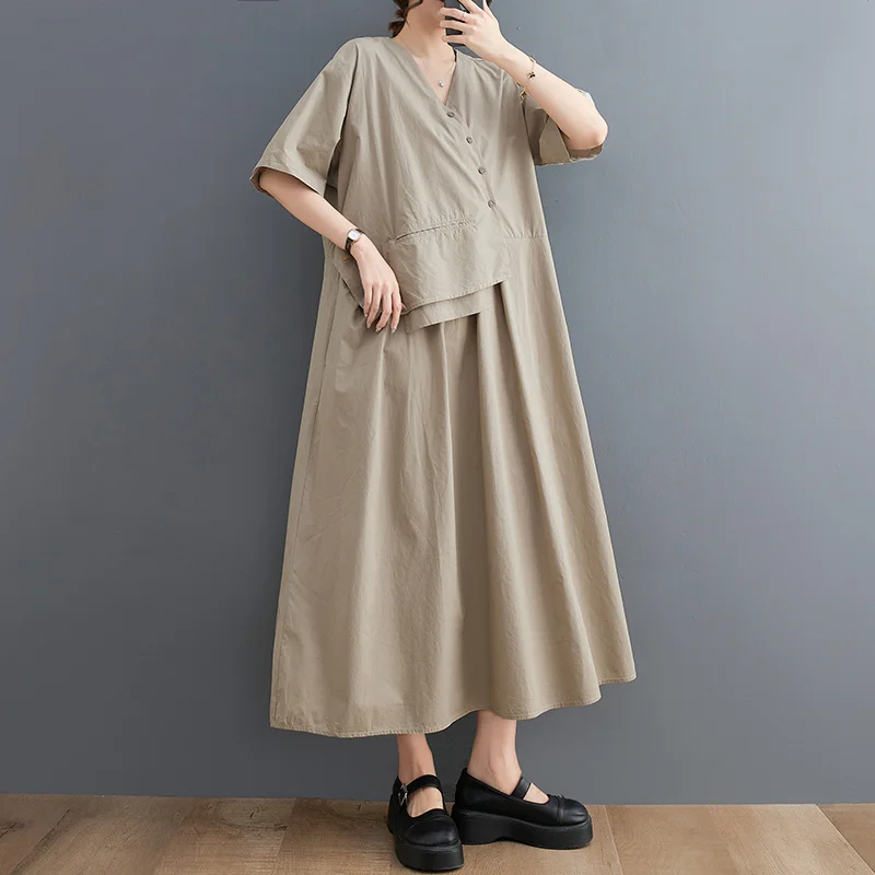 # 3412 czarna Khaki sukienka trapezowa z krótkim rękawem luźny dekolt w serek nieregularna sukienka Midi damskie guziki sukienki vintage Femme kieszenie lato