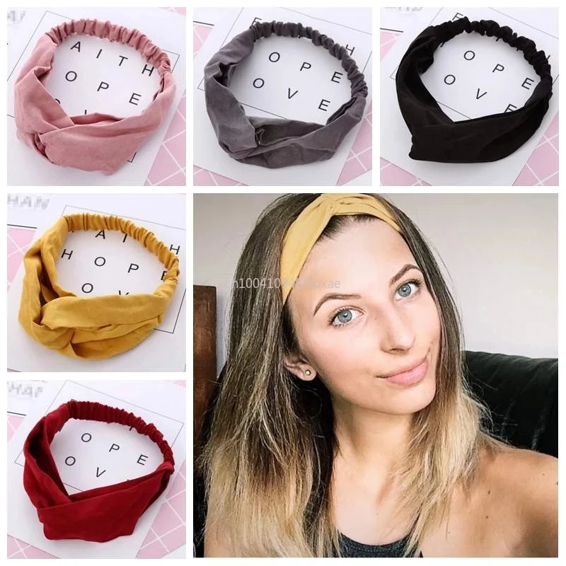 Women Hairband Summer Autumn Suede Headband Vintage Cross Knot Elastic Soft Solid Girl Hair Accessories Turban Bandana HairBands