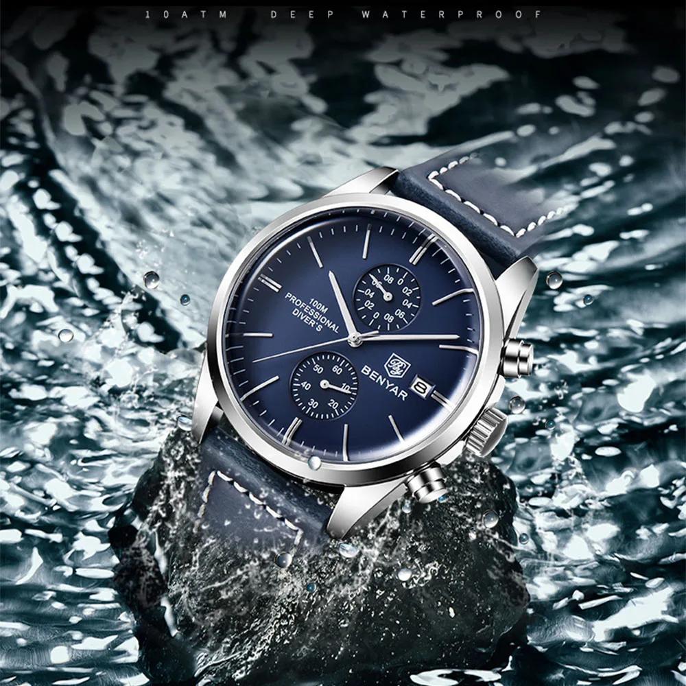 2023 جديد رجال الأعمال ساعة متعددة الوظائف كوارتز ساعة اليد المعدنية عززت الزجاج مرآة مقاوم للماء 100 مللي متر