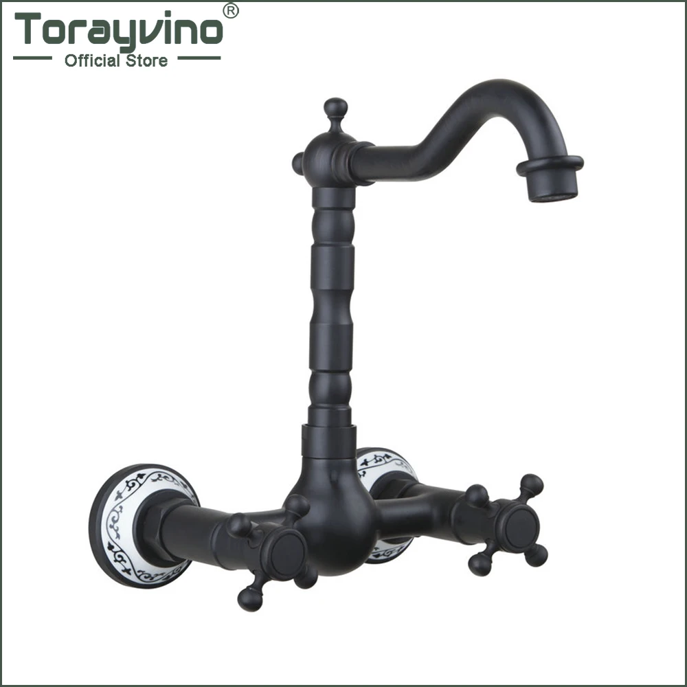 

Torayvino Oil Rubbed Black Bronze Bathroom Faucet 2 Handles Wall Mounted Bathtub Torneira Basin Sink Faucets Mixer Water Tap