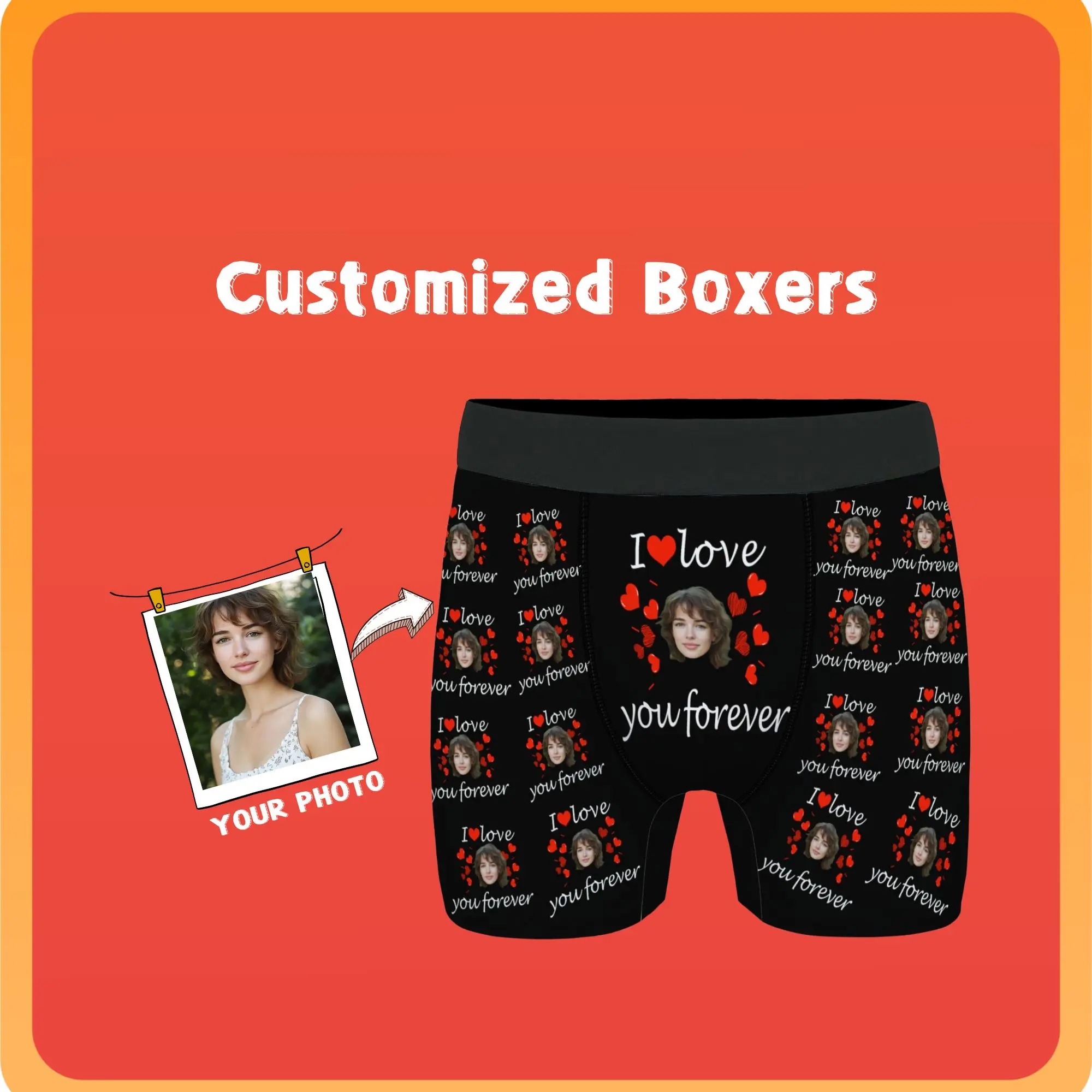 

Men's Customized Flat Corner Underwear Personalized Face Red Heart Print Valentine's Day Daily Wear All Unique Gifts for Lovers