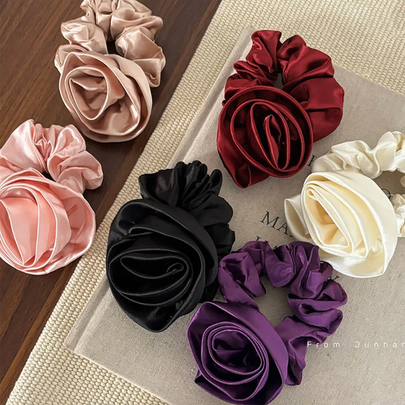 French High-Grade Satin Rose Flower Hair Rope Hair Band Ins South Korea Gentle Fairy Lady Hair Band Rubber Band